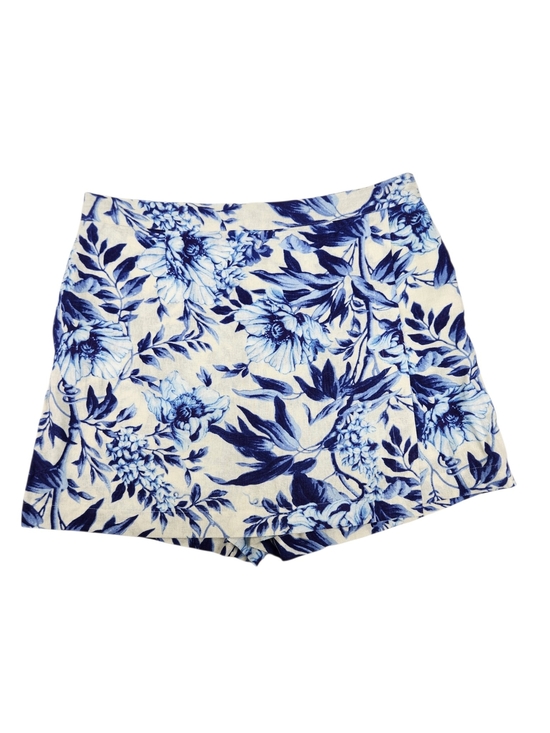 Ellen Tracy Pants - Ellen Tracy Blue Floral Wrap Skort Large Pockets Elastic Waistband Linen Blend